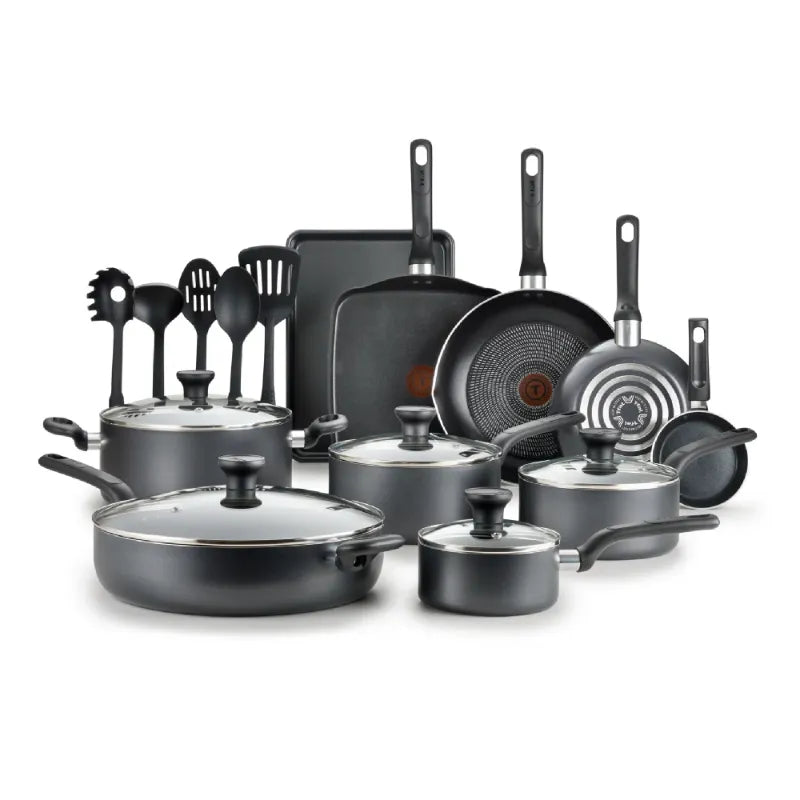 T-fal Juego de 20 piezas, utensilios de cocina antiadherentes de fácil cuidado, juegos de utensilios de cocina aptos para lavavajillas, ollas y sartenes, juego de utensilios de cocina antiadherentes