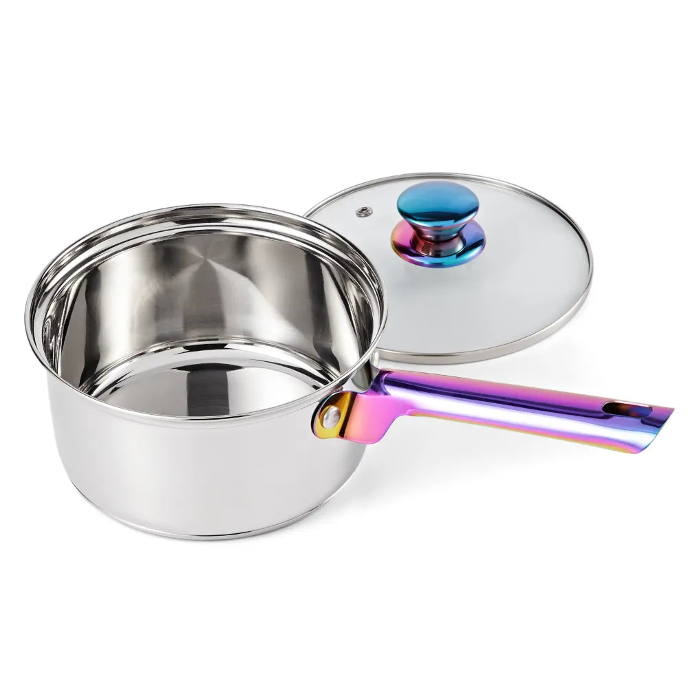 20-Pieces Rainbow-hued Iridescent Stainless Steel Cookware Set with Kitchen Utensils and Tools, Pans & pots, Non Toxic, BP Free, Oven Safe