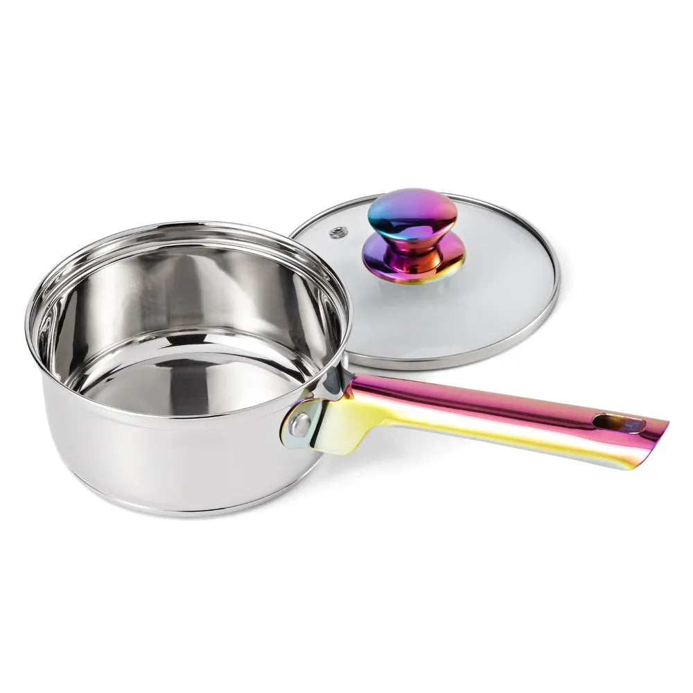 20-Pieces Rainbow-hued Iridescent Stainless Steel Cookware Set with Kitchen Utensils and Tools, Pans & pots, Non Toxic, BP Free, Oven Safe